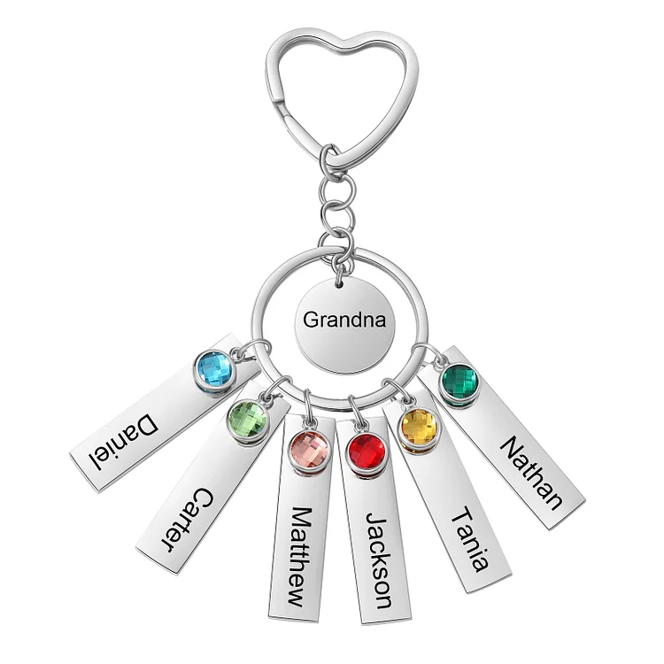 6 Names - Personalized Birthstone Love Pendant Design Keychain Hook Engraving Special Gift for Mum