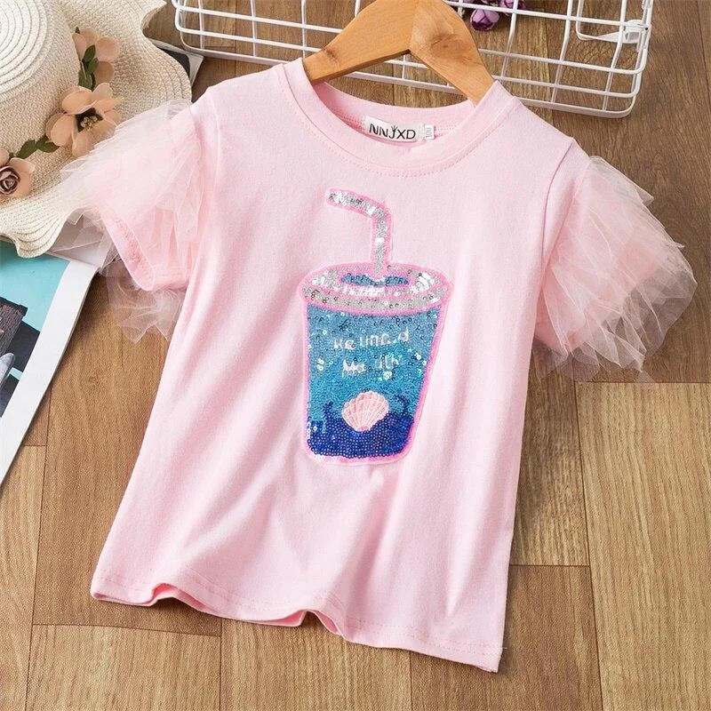 Girls T-shirts Short Sleeve Flamingo Unicorn Print Tops for Baby Girl Summer Clothes Sequins Tshirt 3-8Yrs Kids Tees for Girls