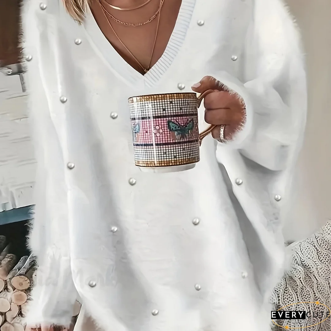 Rhinestone V Neck Fuzzy Sweater, Casual Long Sleeve Loose Sweater, Women's Clothing