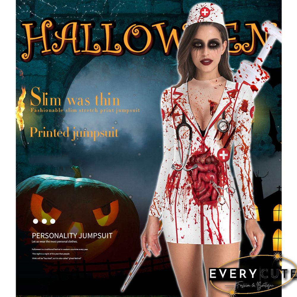 Women Halloween Dress Sexy Bloody Print Long Sleeve Mini Bodycon Dress Emo Girl Gothic Clothes Holiday Party Dresses