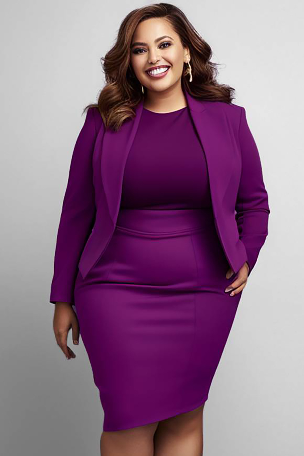 Design Plus Size Semi Formal Elegant Purple Spring Summer Turndown Collar Long Sleeve Three Piece Dress Sets [Pre-Order]