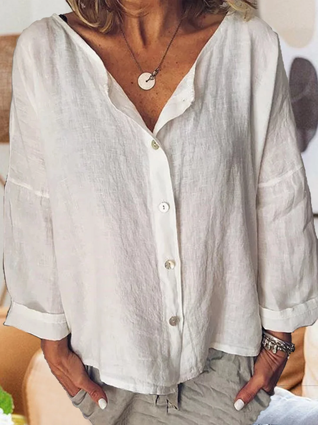 Long Sleeve Solid Shirts Plus Size Blouses Linen