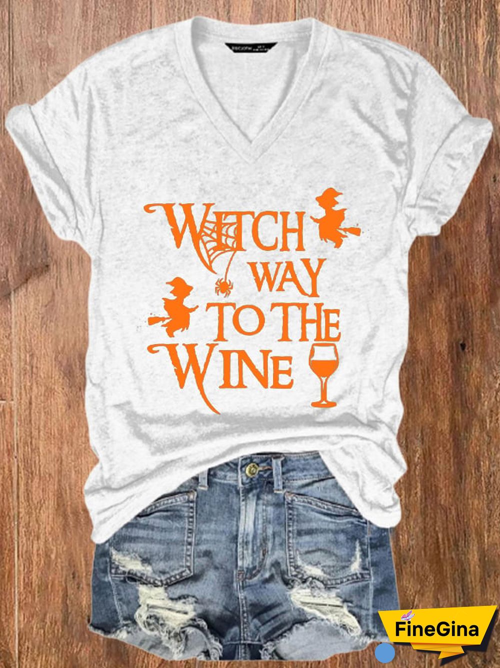 Women's Halloween Witch Way To The Wine Print V-Neck T-Shirt