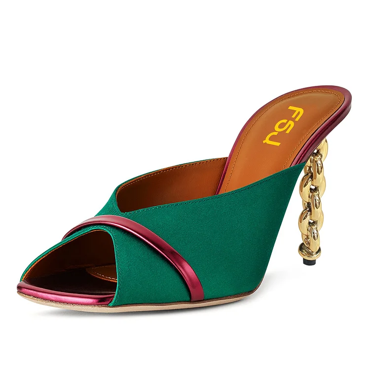 Green Peep Toe Chain Decorative Heel Mules Shoes |FSJ Shoes