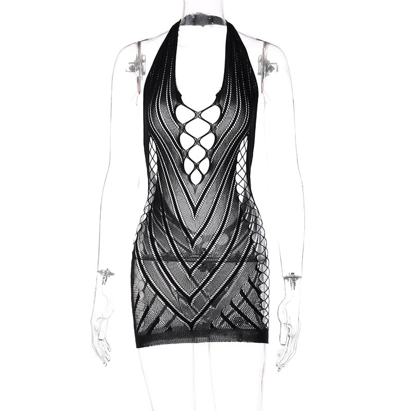 Hugcitar Solid Halter Sleeveless Backless Mesh Hollow Out Mini Dress 2021 Summer Fall Bodycon Sexy Party Club Elegant Y2K