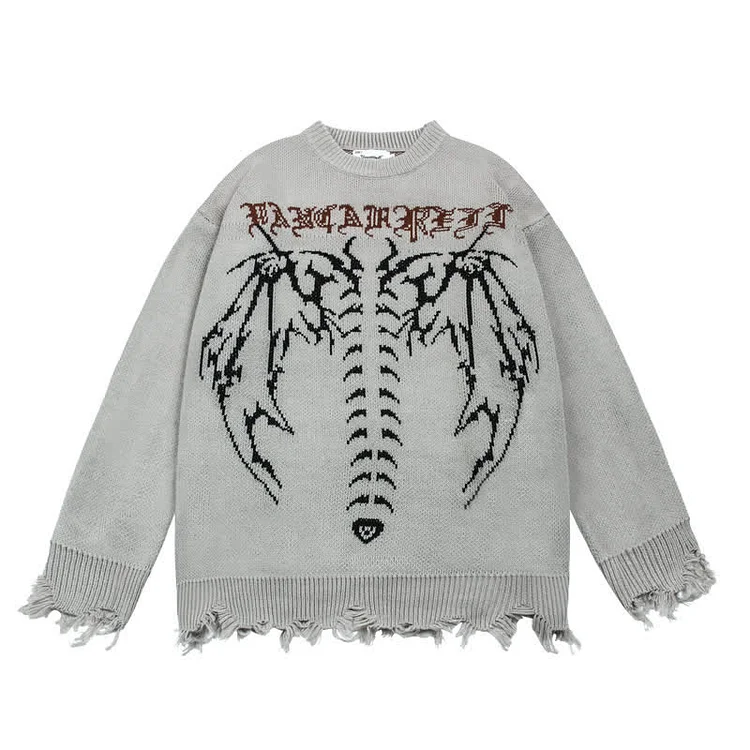 Gothic Wings Letter Print Ripped Hem Oversized Sweater - Modakawa Modakawa