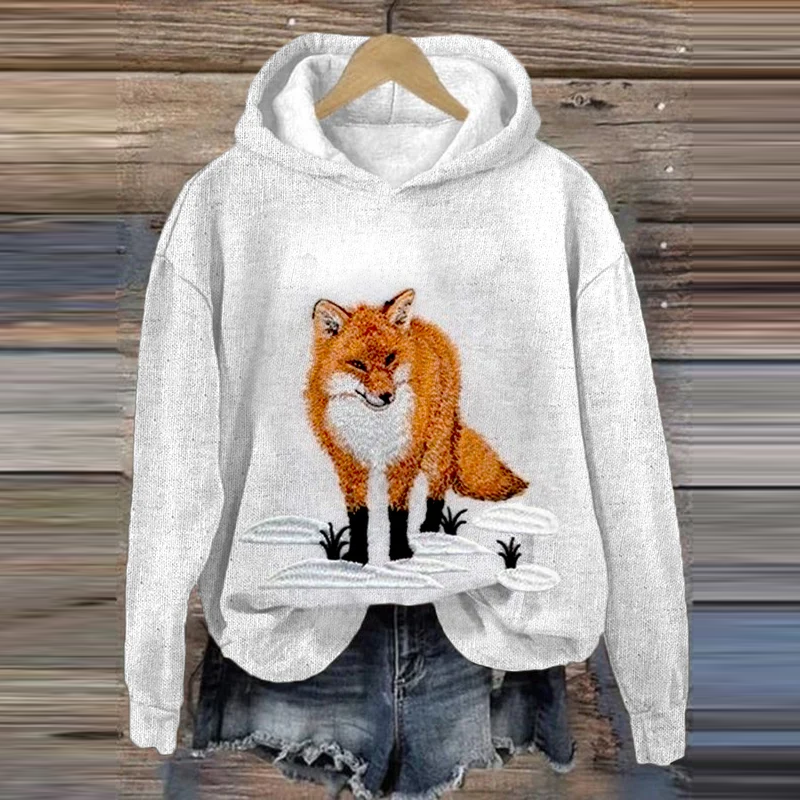 Women's Cute Snow Fox Print Casual Hoodie artswardrobe