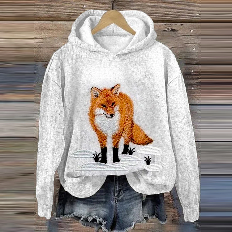 Women's Cute Snow Fox Print Casual Hoodie