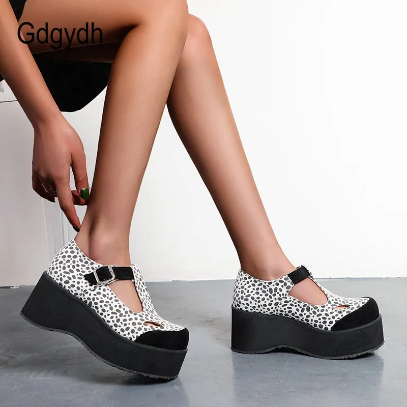 Gdgydh Gothic Fashion Cat Leopard Wedges Shoes For Women T-strap Platform Heels Hollow Out Thick Sole Casual Shoes Comfort New