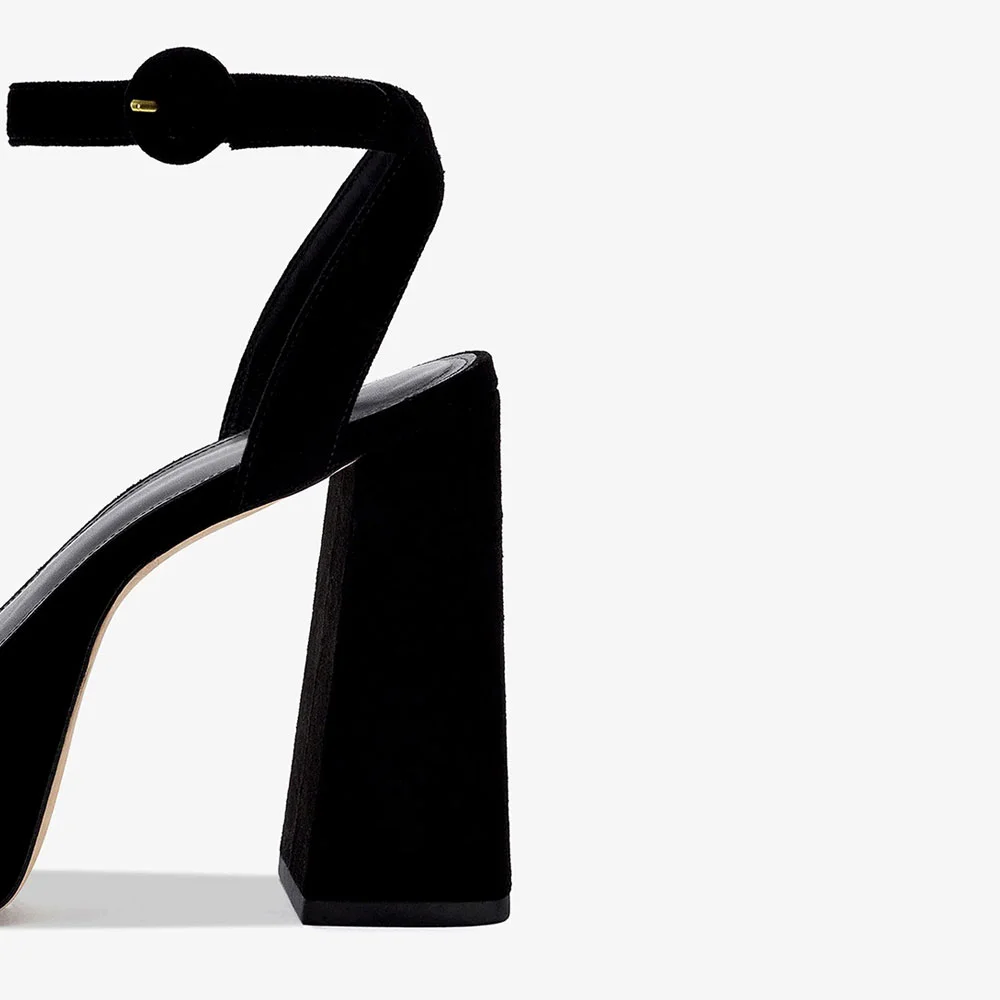 Black Vegan Suede Ankle Strap Women's Heel Sandals with Platform