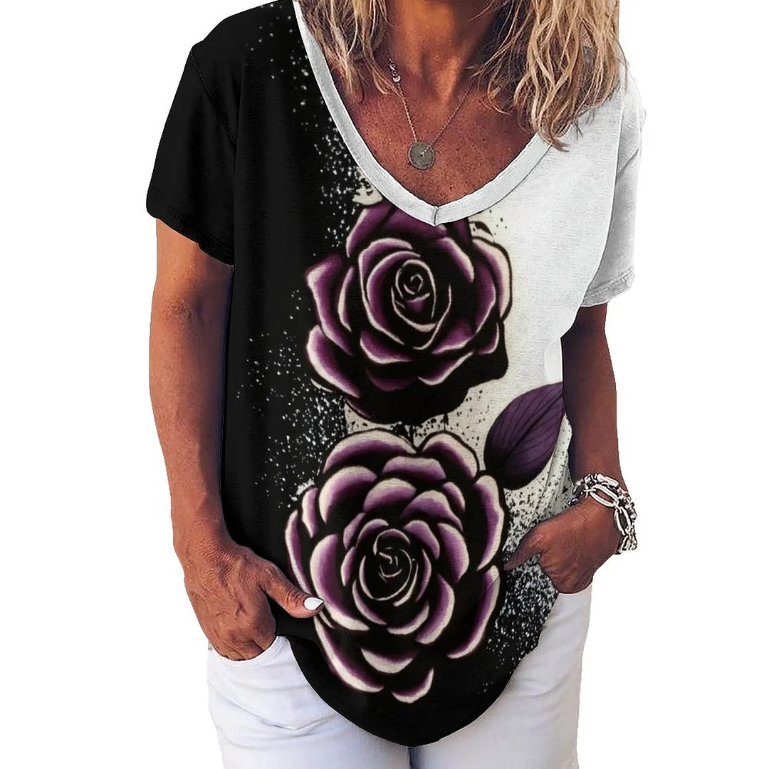 V-neck Short Sleeve Casual T-shirt for  Women Printed with Pattern Black, Purple, Rose