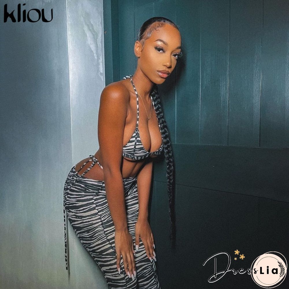 Kliou Womens Fashion Print Matching Set Halter Top Bandage Pant Two Piece Outfit Women