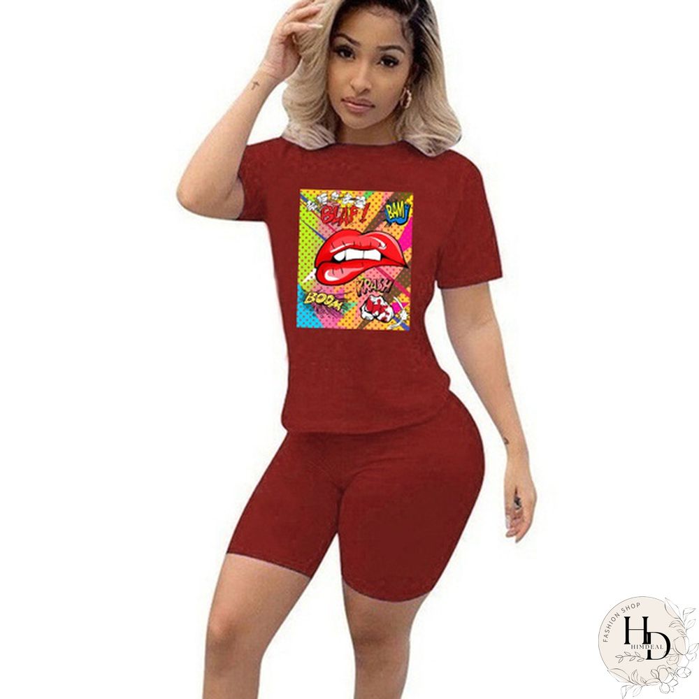 Womens Two Piece Set Cute Nibble Lips Print Short Sleeve Top With Skinny Shorts Pants