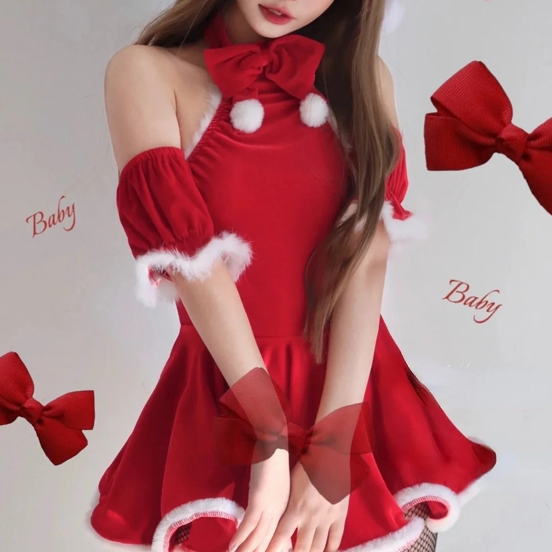 Kawaii Snowballs Christmas Halter Bow Santa Dress SP16796