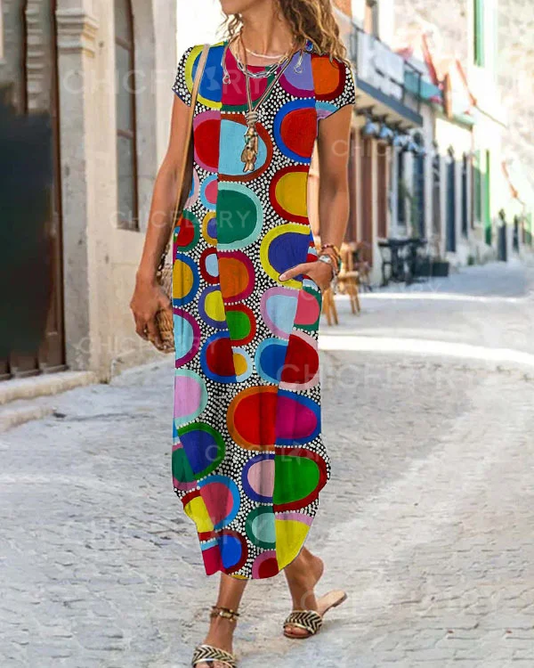 Casual Vintage Abstract Print Holiday Midi Dress