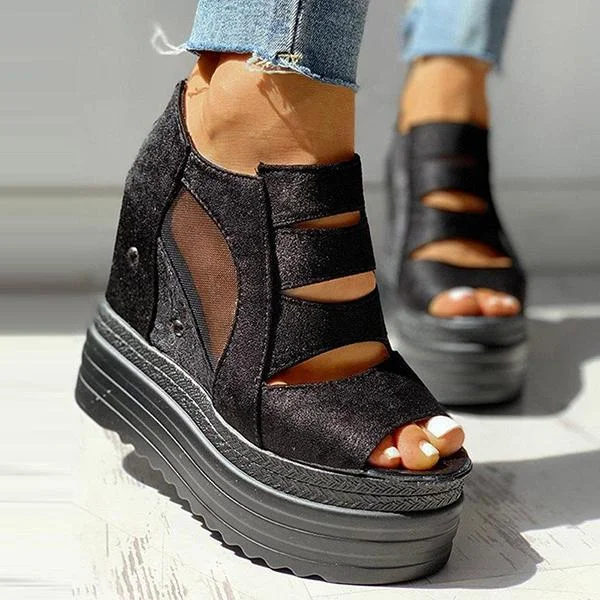 Side Zipper Peep Toe Patchwork Platform Sandals