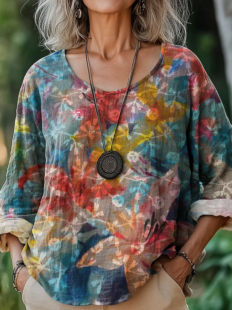 Women's Vintage Flower Art Print Casual Cotton And Linen Shirt