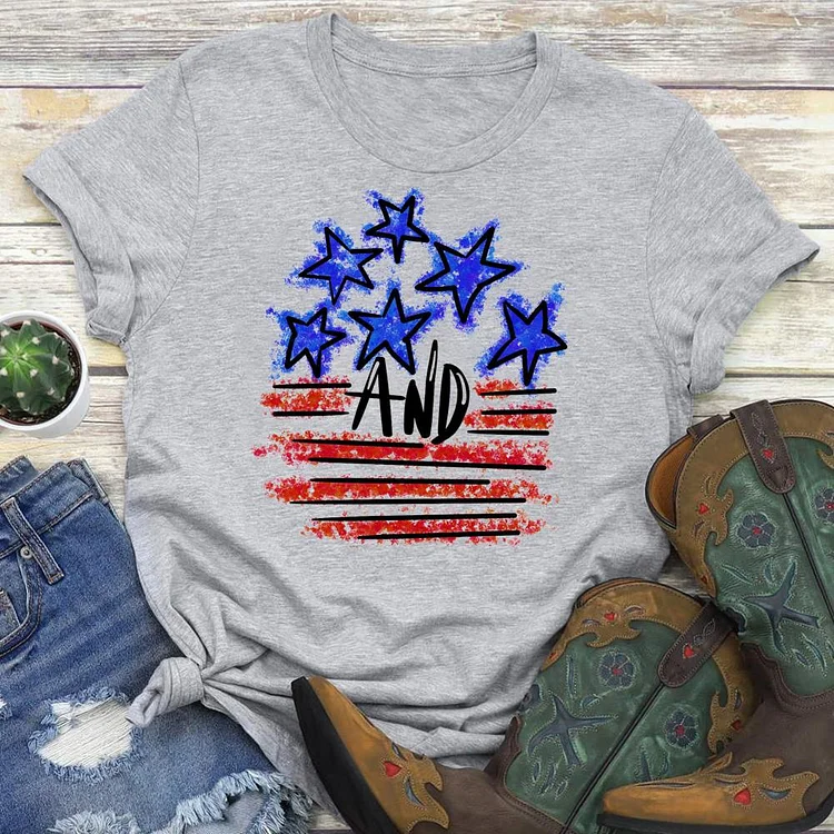 Stars and Stripes Retro American  Round Neck T-shirt-018173