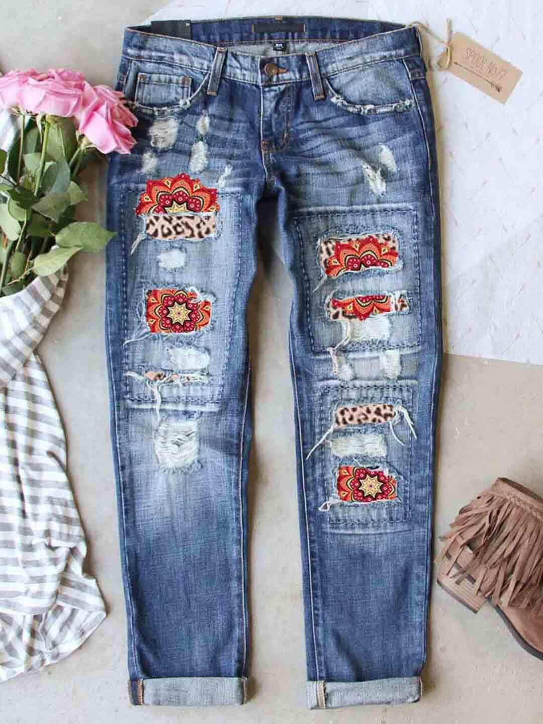 Women's Jeans Mid Waist Slim Leopard Floral Patchwork Jeans