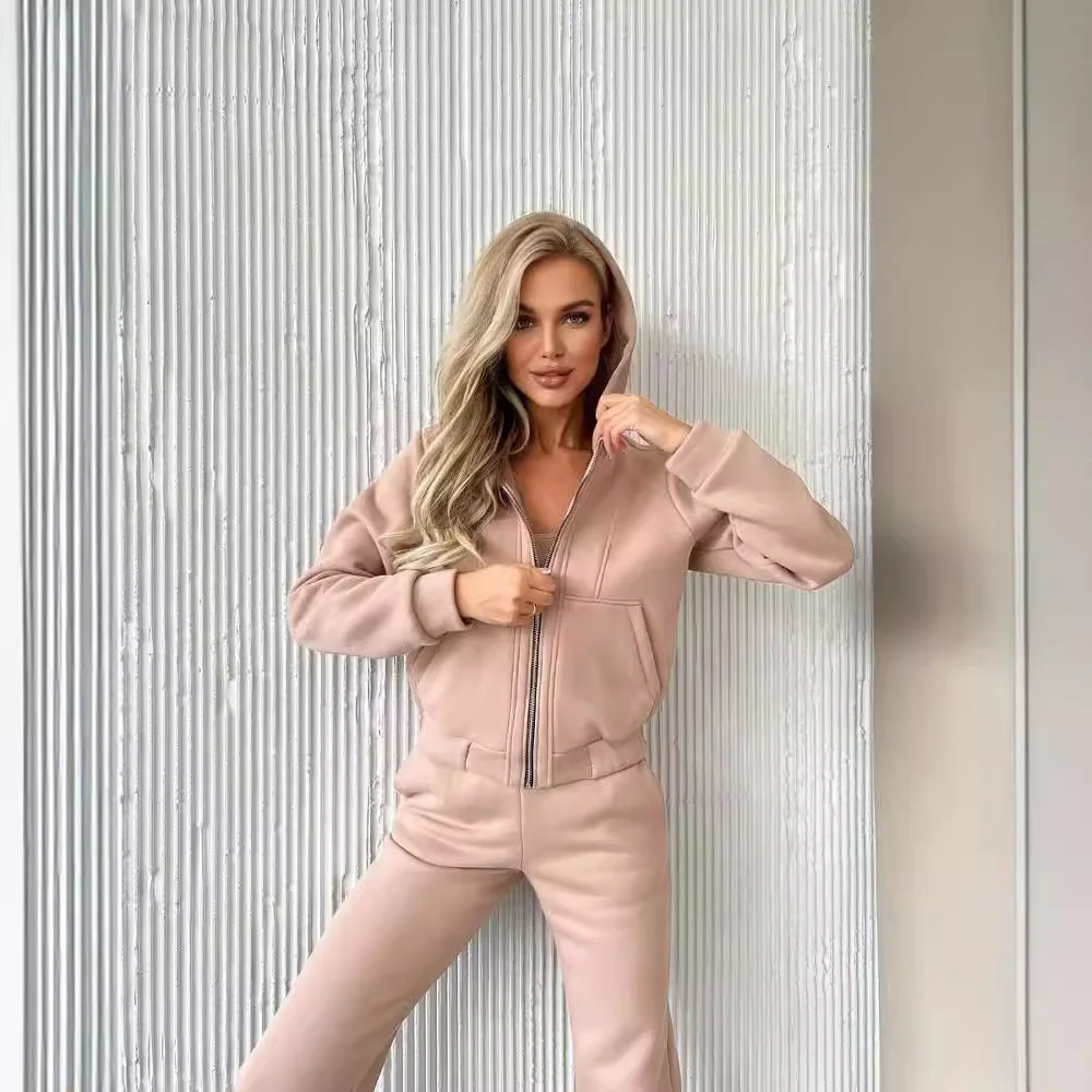 Nigikala Nigikala Autumn And Winter Plus Velvet Long-Sleeved Hooded Long-Sleeved Lady's Trousers Set