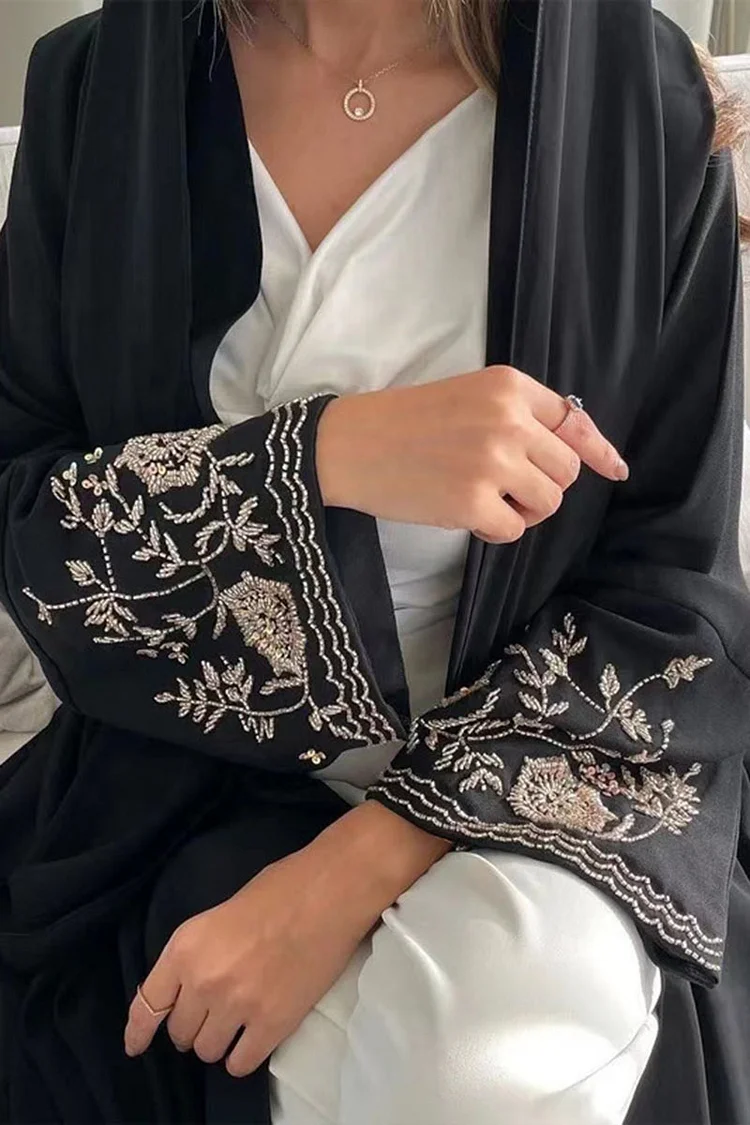 Flower Embroidery Batwing Sleeve Loose-Fit Abaya Long Cardigan