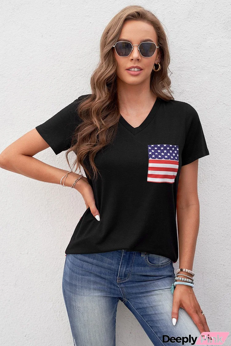 Women's Short Sleeve Black USA Flag Print T-shirt