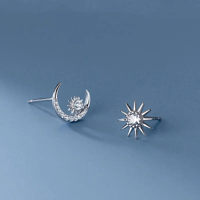 Sun Moon Asymmetrical 925 Sterling Silver Stud Earrings