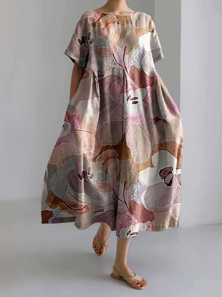 Comstylish Pink Floral Art Painting Linen Blend Maxi Dress