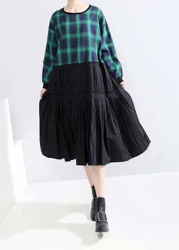 Classy long sleeve cotton clothes Photography green plaid patchwork Plus Size Dresses
