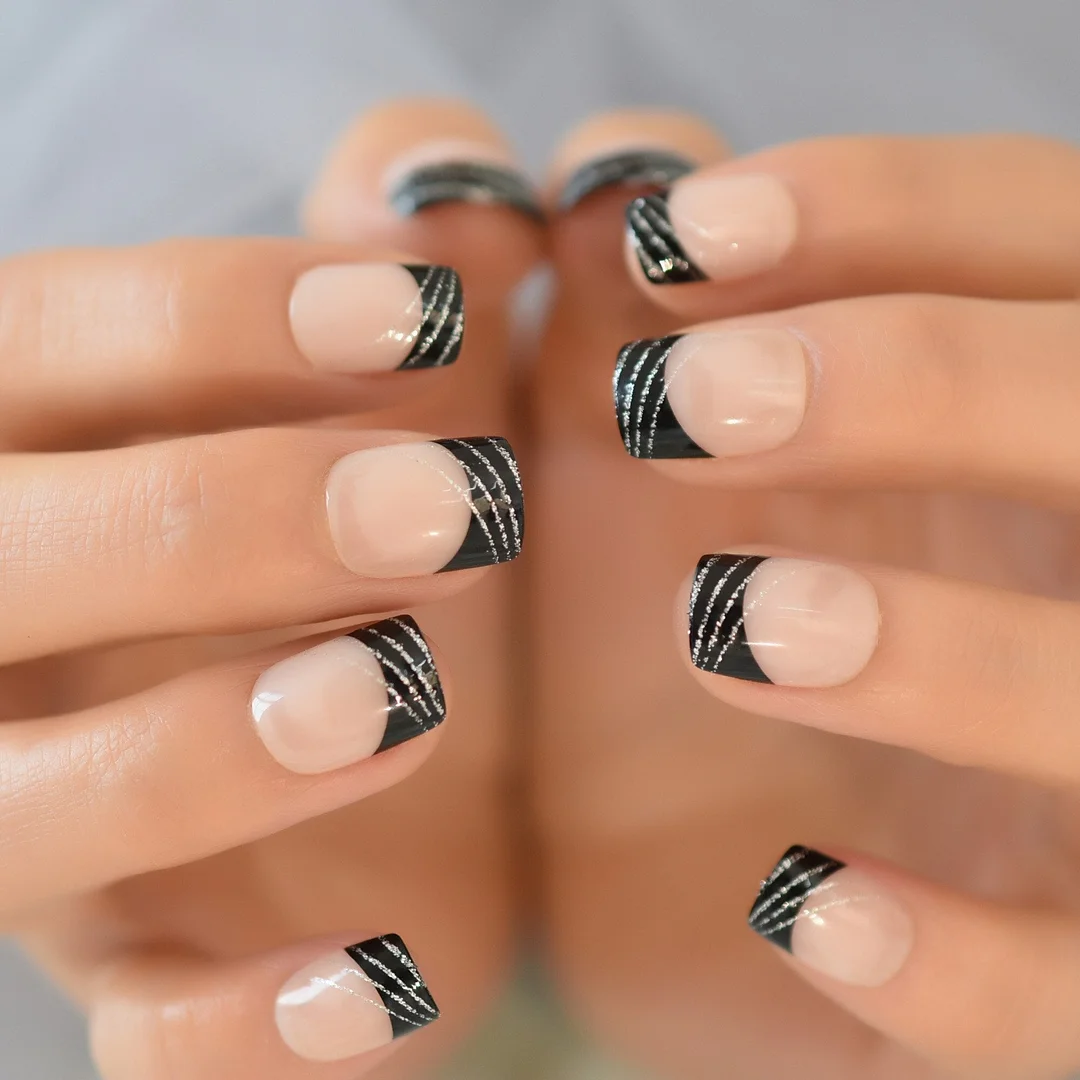 Press On Nail Art With Black Lace Designs French Nail Decorations Set Short Nude Artificial Fake Nail Tip