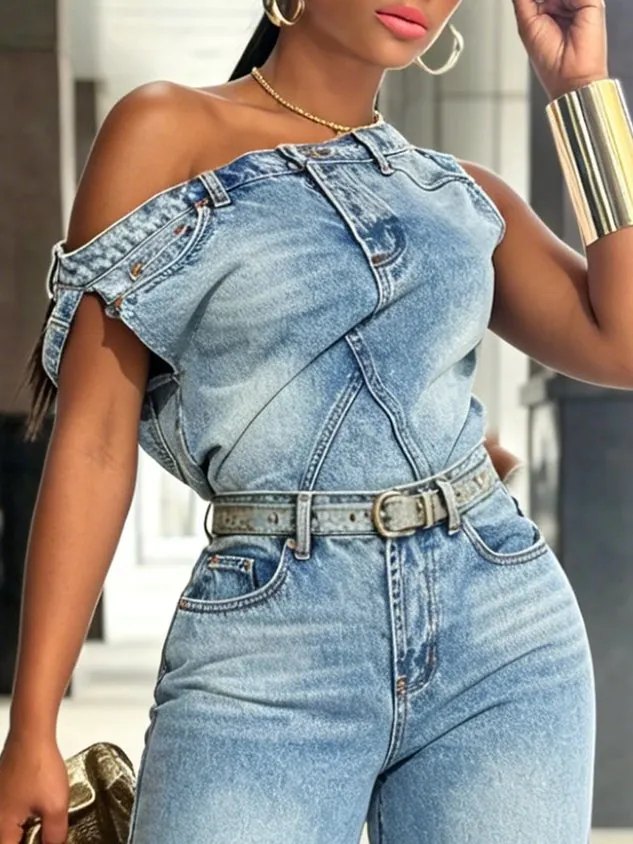 Casual Plain Distressing Off The Shoulder Denim Top mysite idetrend