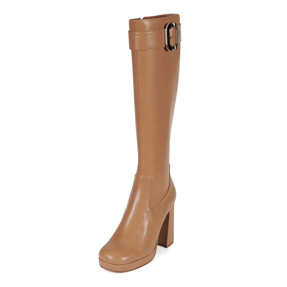 Tan Chunky High Heel Buckle Side Zipper Square Toe Boots with Platform