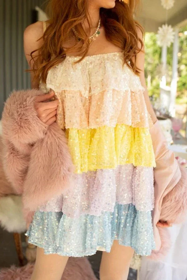 Color Block Sequined Sweet Tiered Ruffle Mini Dress