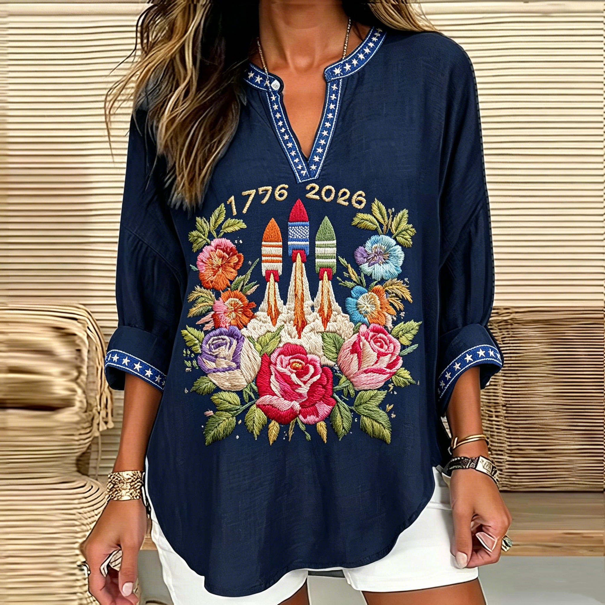  Women's Retro 1776 Independence Day Rocket Print Casual Linen Shirt Westsshops