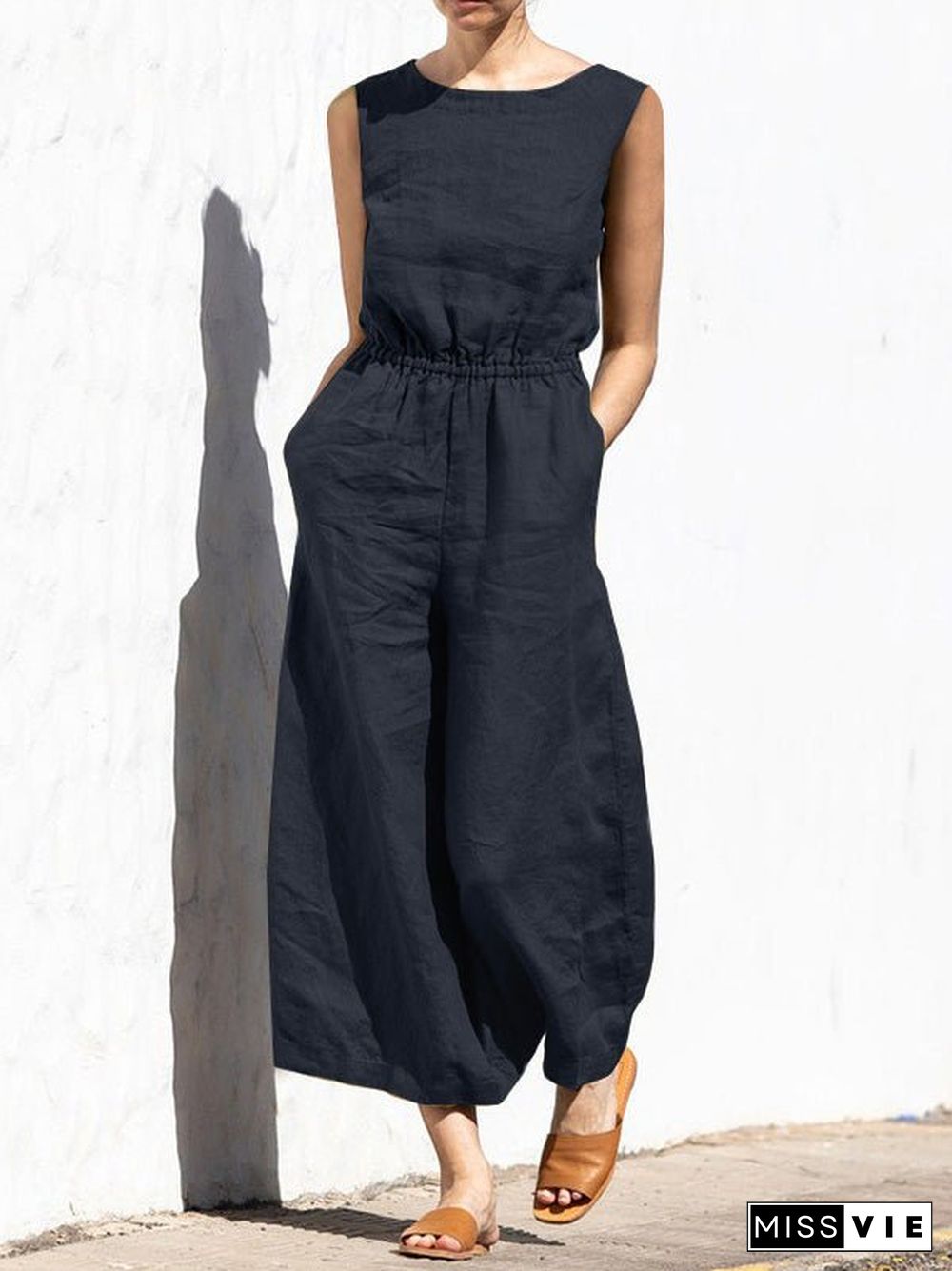 Women'S Jumpsuits Solid Elastic Waist Pocket Sleeveless Jumpsuit
