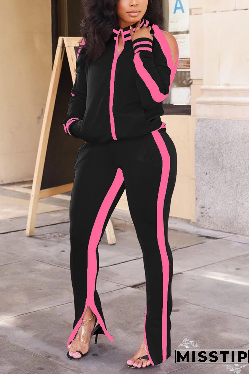 Rose Red Fashion Casual Stitching Long Sleeve Sports Set