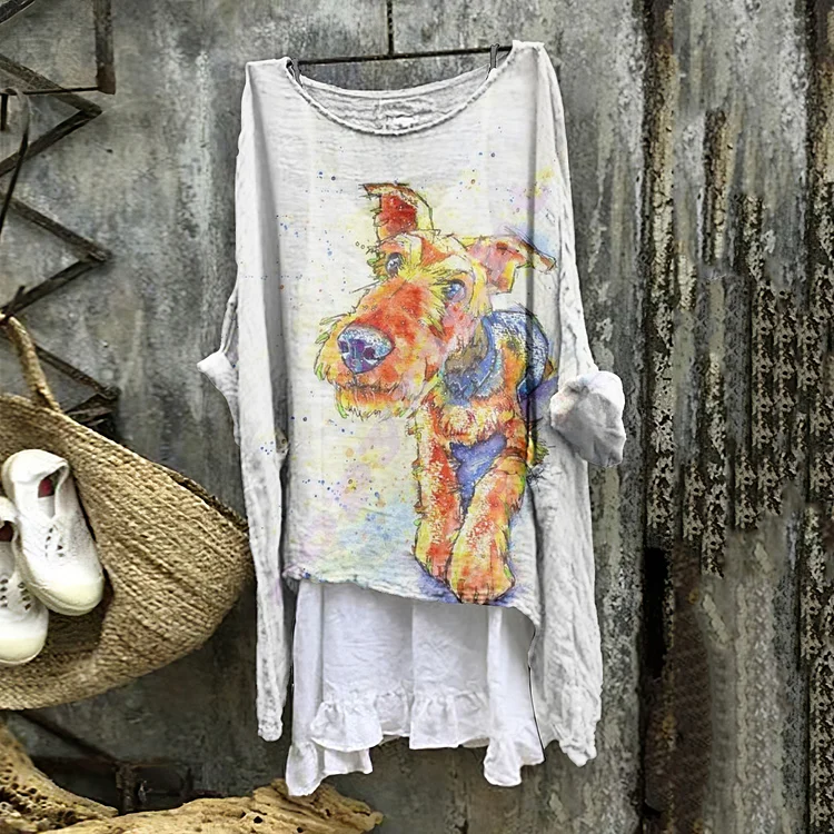 Cute Watercolor Dog Pattern Linen Blend Flowy Tunic
