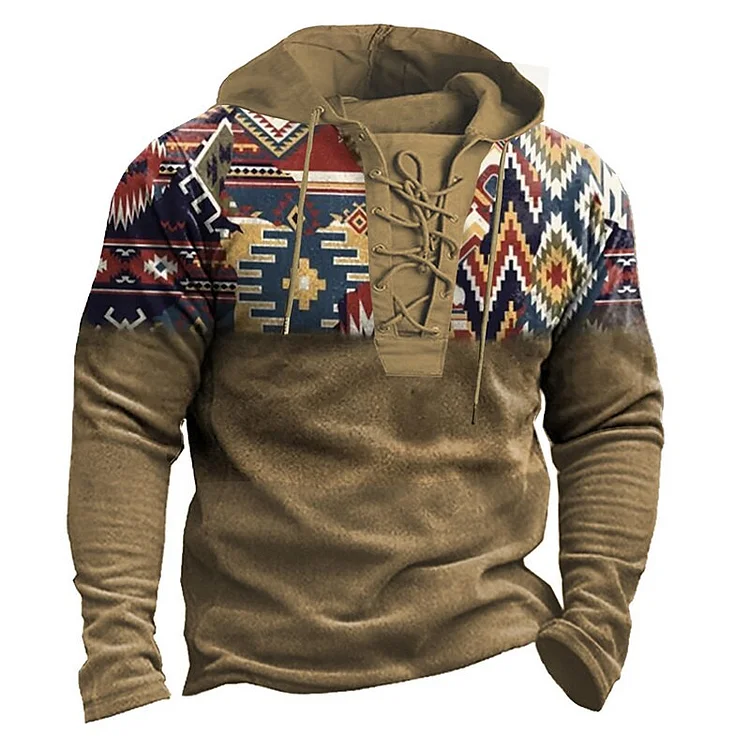 Mens Outdoor Vintage Graphic Lace-up Hoodie