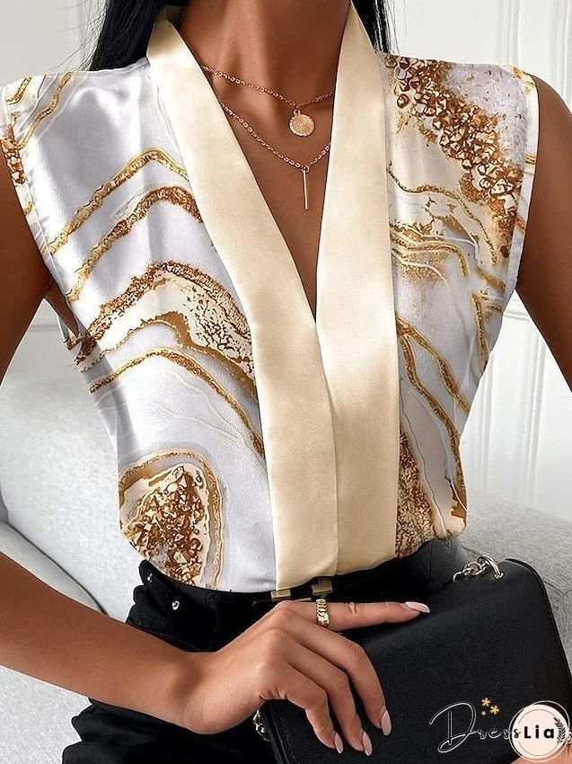 Tank Top Black White Yellow Graphic Portrait Print Sleeveless Work Business V Neck Regular Portrait S for Women
