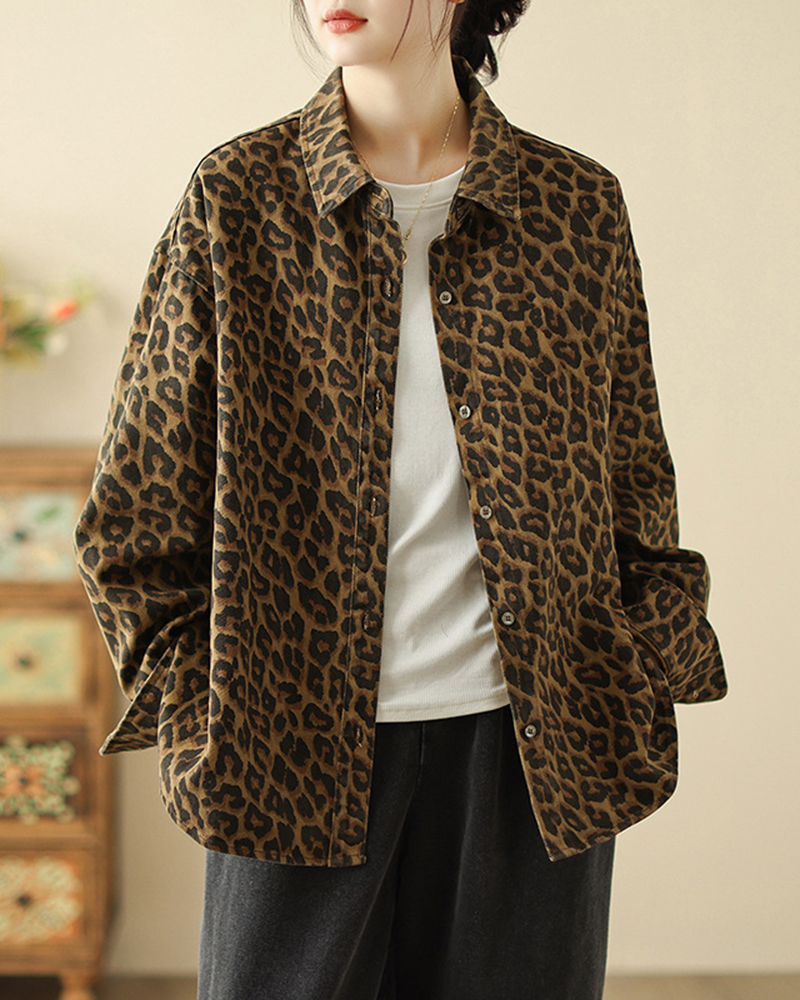 Leopard Print Shirt Collar Long Sleeve Button Down Shirt Jacket