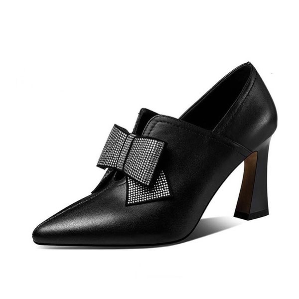 8Cm Heels Women Leather Ankle Boots Ladies High Heels Diamond Bow Booties Pointed Toe Black Dress Shoes - Shop Trendy Women's Clothing | LoverChic