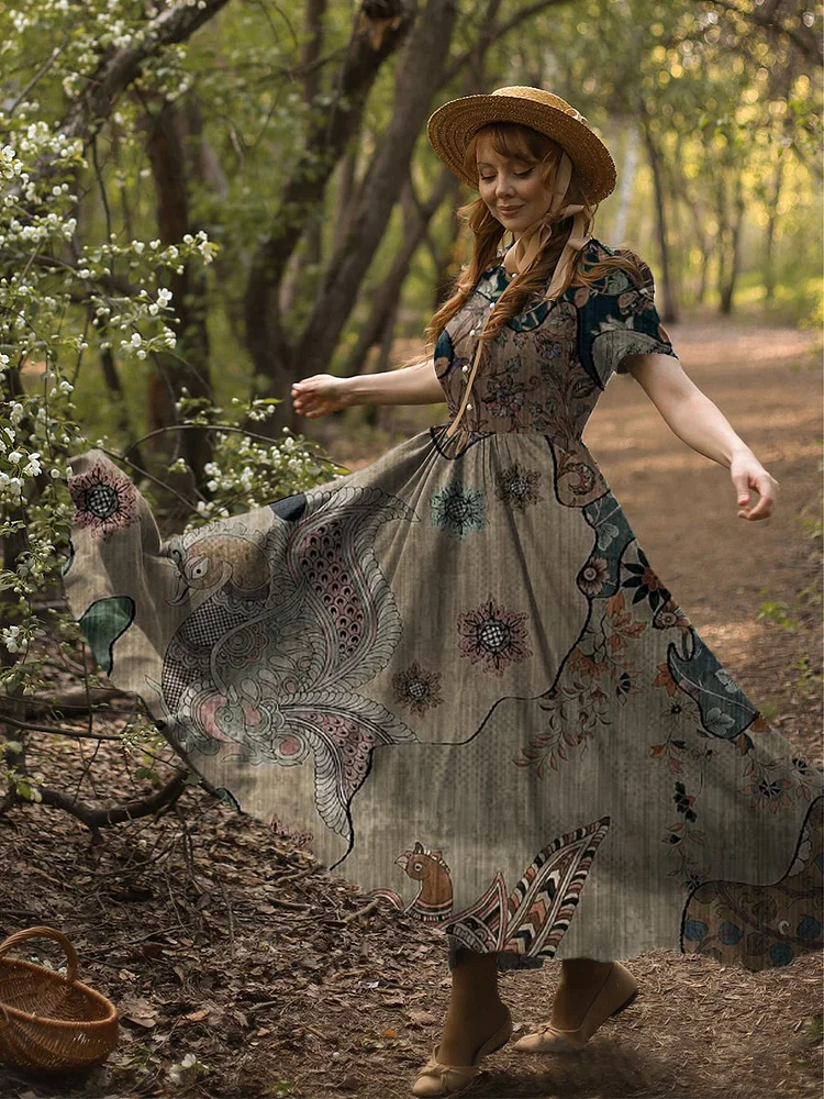 Women's Vintage Floral Art Illustration Print Dress