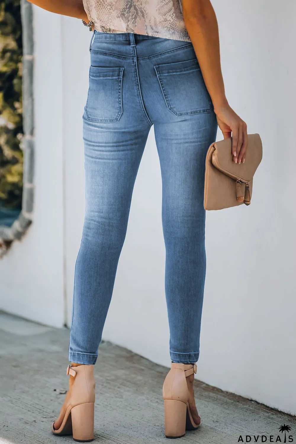 Dark Blue Button Fly Skinny Jeans with Pockets