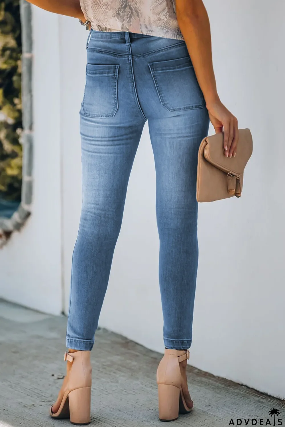 Dark Blue Button Fly Skinny Jeans with Pockets