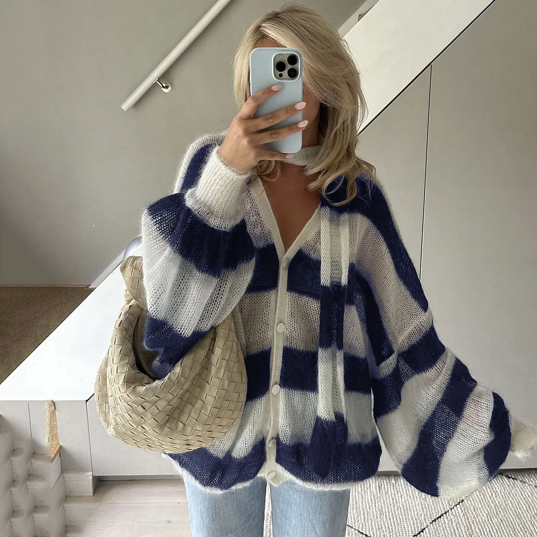 Brownm Brownm 2024 Explosion Easing Loose Lazy Striped Sweater Cardigan
