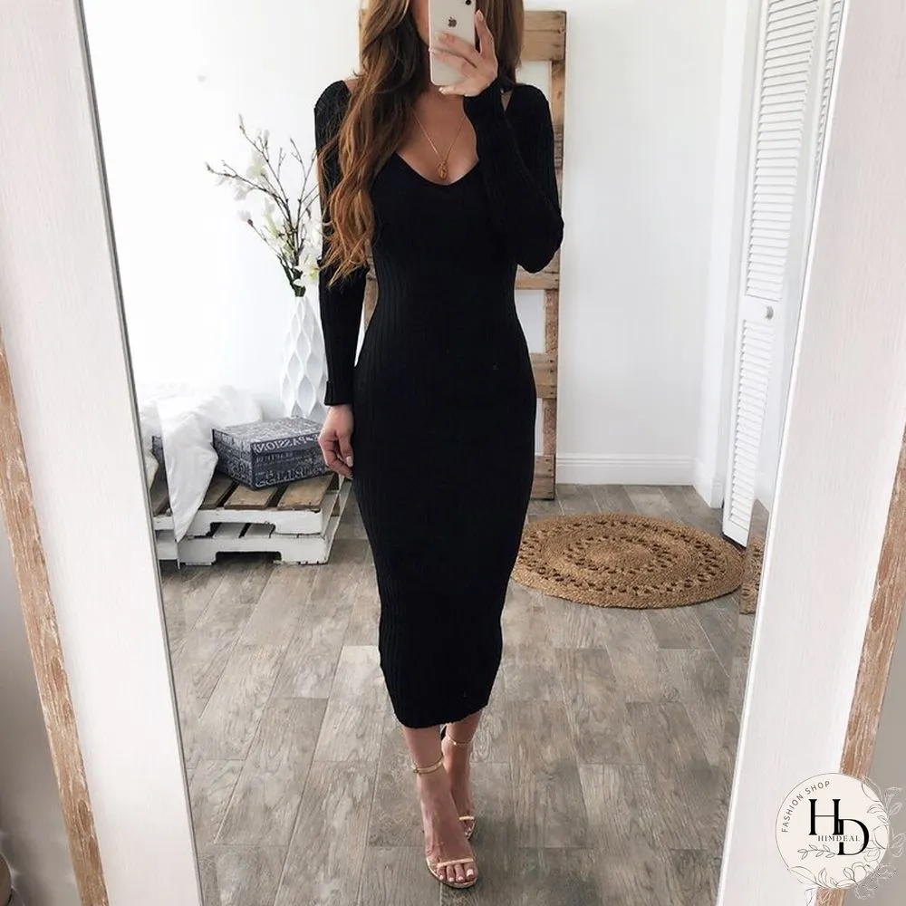 Knitted Sweater Dress Women Long Sleeve Sexy Midi Bodycon Dress Black White Red Long Stretchy Knitted Winter Dress
