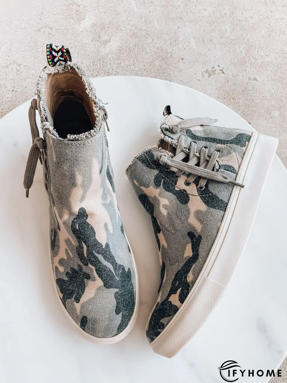 Casual Lace-up Decor Fringe High Top Canvas Shoes with Side Zip | IFYHOME