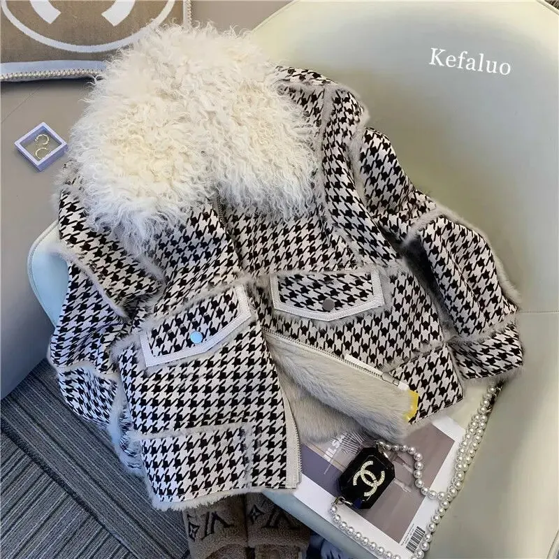 Uveng 2023 Autumn Winter Faux Lamb Fur Sheepskin Coat Plaid Granular Sheep Shearing Jacket Female Casual Warm Outerwear