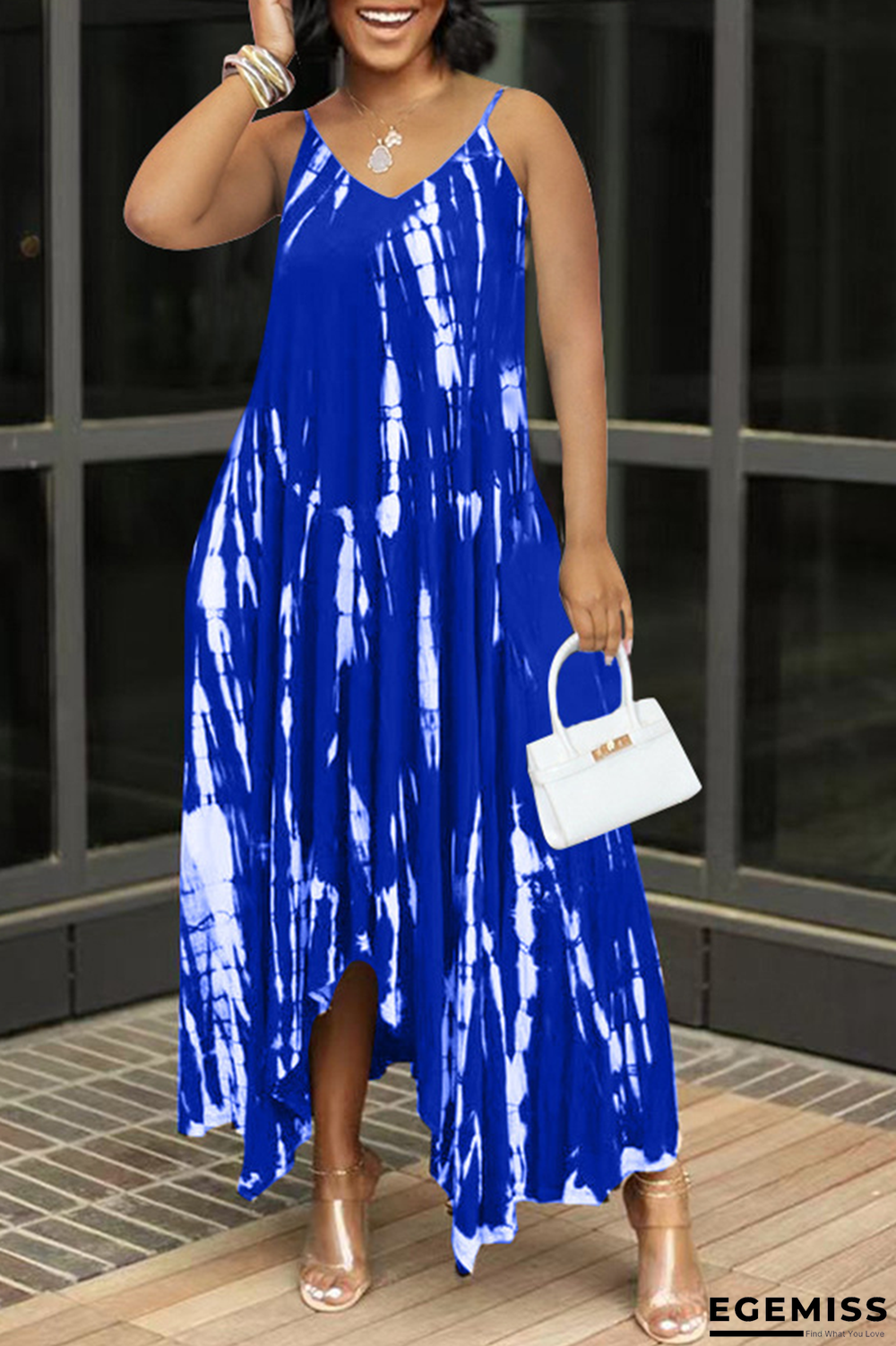 Blue Sexy Print Patchwork Spaghetti Strap Irregular Dress Dresses | EGEMISS