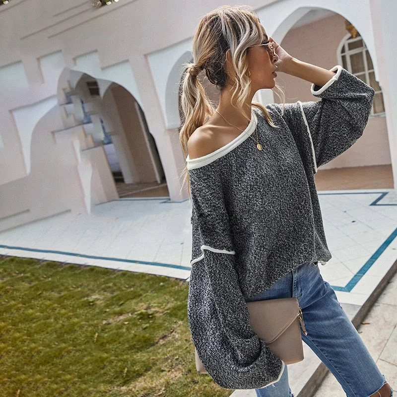 Fitshinling Vintage Oversized Sweater Women Patchwork Loose One Shoulder Jumper Knitwear Fashion Casual Pullover Winter Tops New